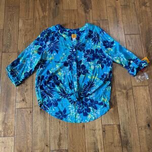 NWT Ruby Rd. Amalfi Coast Tropical Floral Tie Button Front Blouse Womens Sz L